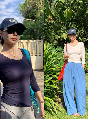 333sss 白色七分袖T恤设计感修身显瘦v领百搭辣妹上衣女短款