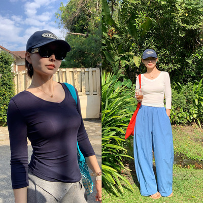 白色七分袖T恤设计感修身显瘦v领