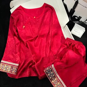 棉姿世家轻奢服饰红色国风睡衣女士新中式刺绣编织长袖国风家居服