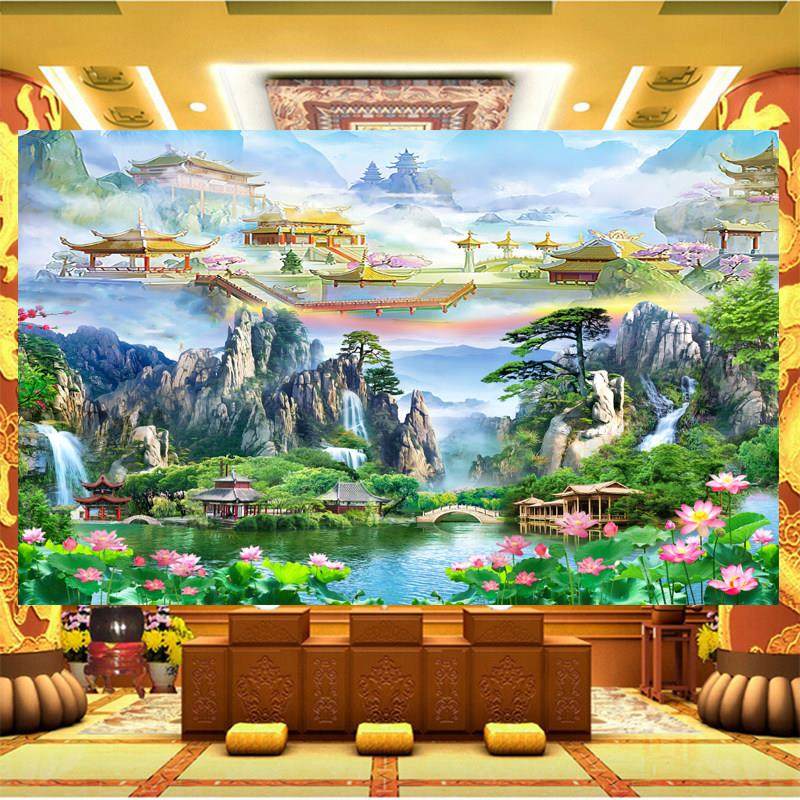 天宫天庭仙境壁纸神道佛堂壁纸云宫瀑布莲池风景高山流水聚财壁画,家装主材,定制壁画,淘宝优惠券,粉丝福利购,淘宝优惠卷