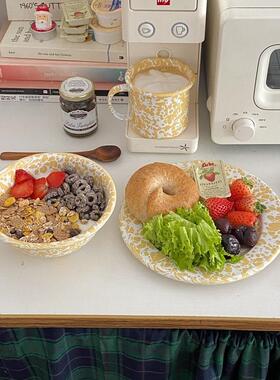 阿宝ins覆古泼墨搪瓷餐具搪瓷餐盘沙拉麦片碗咖啡杯沙拉碗