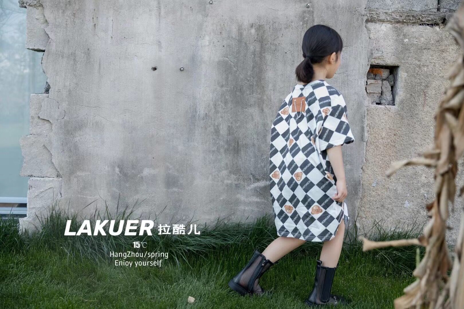 小童断码特价LAKUER拉酷儿2024夏季女童童装小熊格纹黑白T恤长裙