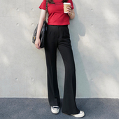 混纺醋酸黑色高腰女士直筒微喇西裤 INNQ 薄款 夏季 半永久瘦瘦裤