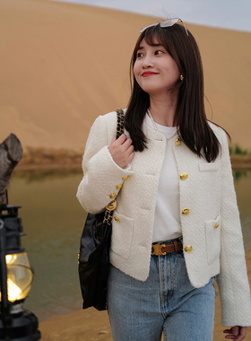 INNQ【亏本清仓】羊毛编织小香风短外套女秋冬气质百搭奶白色上衣