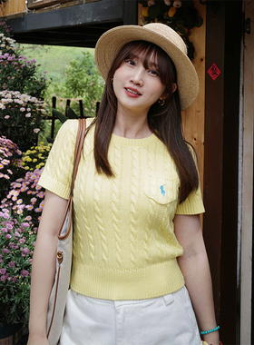 INNQ【显白老钱风】 经典美式春夏正肩圆领麻花棉质短袖T恤上衣女