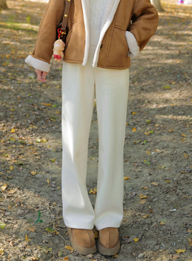 INNQ【lulu神裤】温暖过冬白色松紧高腰加绒藏肉遮胯阔腿休闲长裤