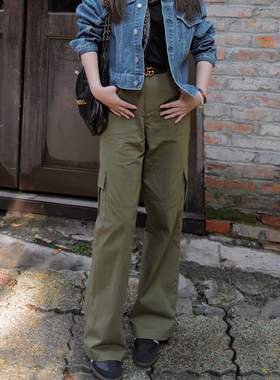 INNQ【美式工装】2025秋橄榄绿色棉质高腰宽松休闲直筒显瘦长裤女