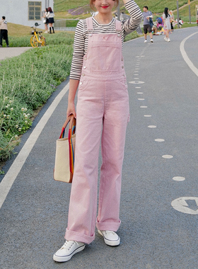 INNQ春季园游会粉色背带裤女士明星同款宽松减龄高腰阔腿牛仔长裤