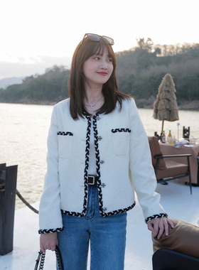 INNQ【白巧奥利奥】2025春麻花织带亮片花呢百搭白色小香风外套女