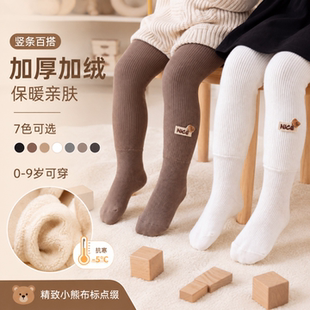 秋冬儿童竖条加绒连裤袜小熊布标装饰婴儿打底袜加厚保暖高弹不勒