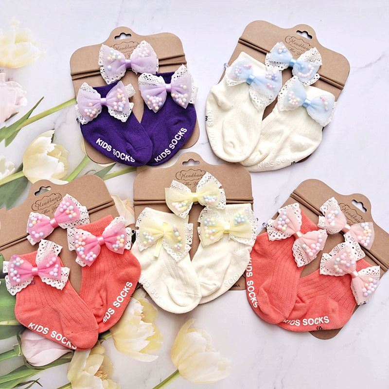 2025春新款新生儿宝宝小球球蝴蝶结发带袜子礼盒套装满月百天礼物