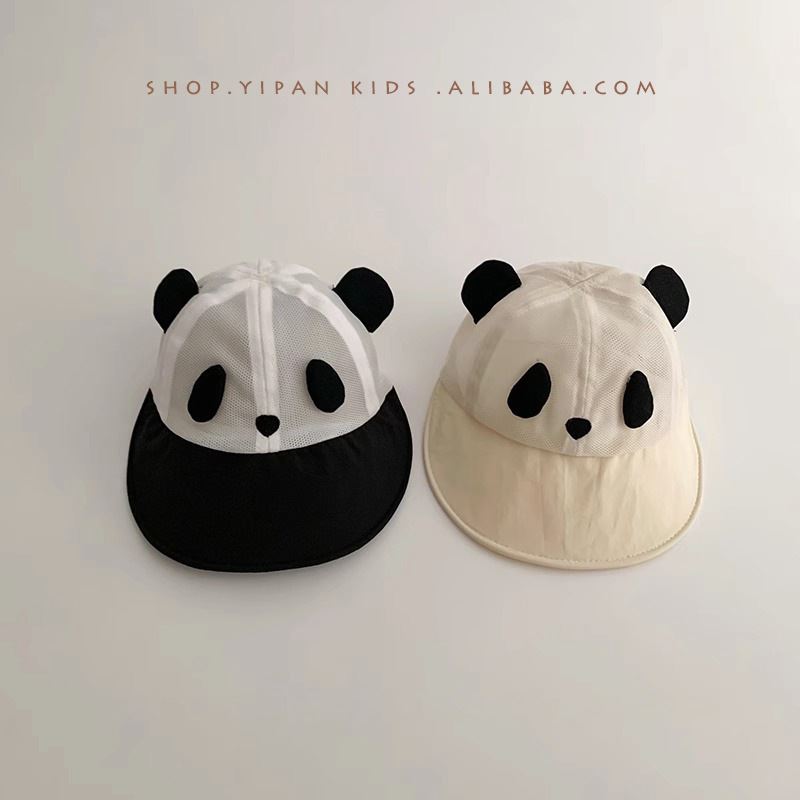 网红儿童帽子可爱熊猫夏季薄款透气网眼渔夫帽宝宝遮阳防晒盆帽