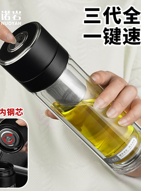 诺岩一键开盖车载玻璃杯2025新款男士茶杯茶水分离按压泡茶水杯