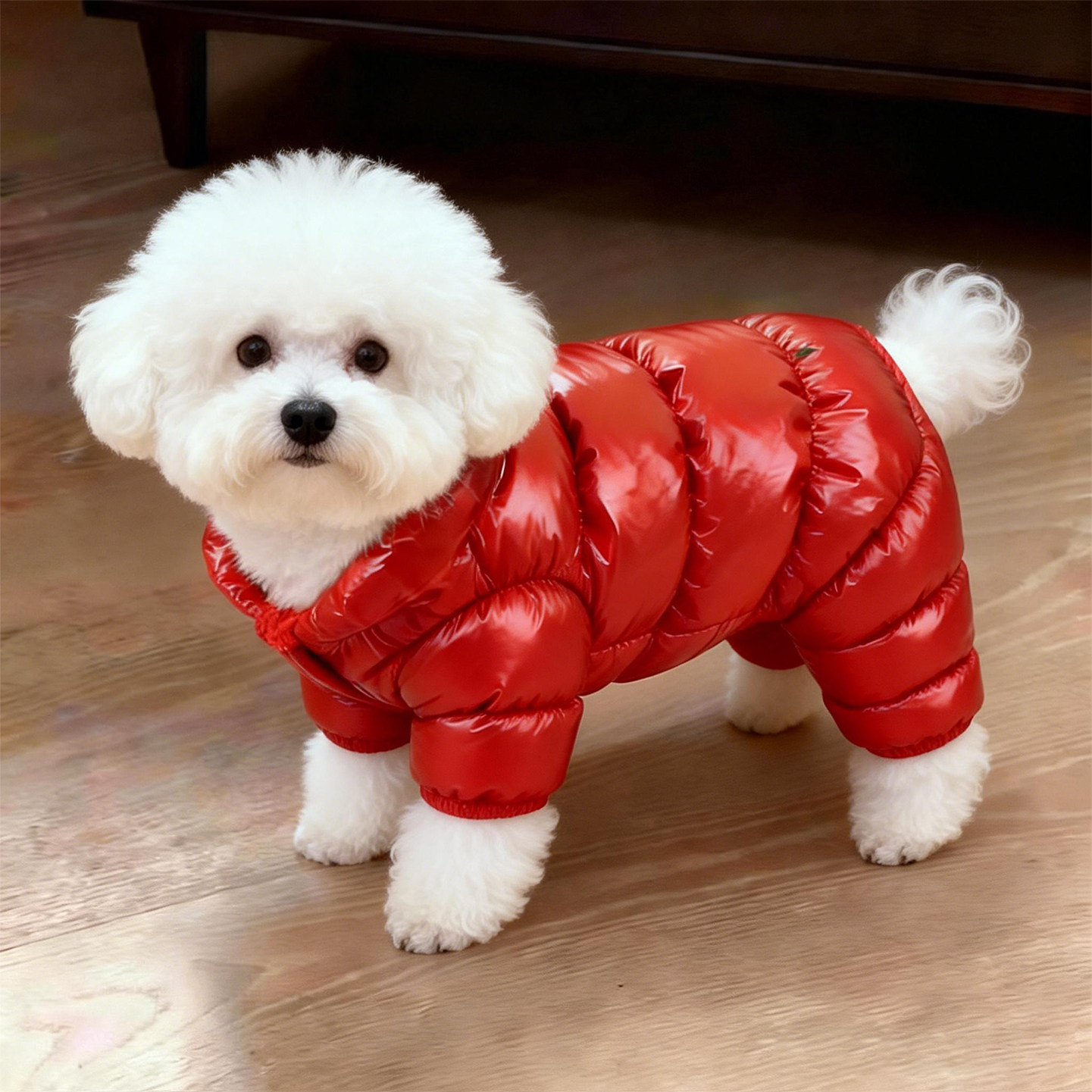 狗狗衣服冬季保暖四脚衣红色羽绒服防水户外休闲棉衣比熊宠物服装