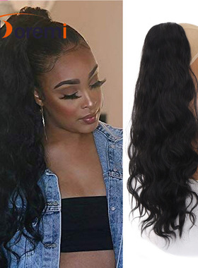 跨境欧美假发马尾水波纹压管抽绳马尾女士大波浪卷发抽绳马尾自然