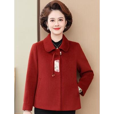妈妈秋冬装高贵短款羊毛外套喜婆婆婚宴礼服小个子结婚毛呢子大衣