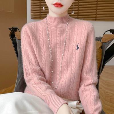2024新款100纯羊毛刺绣半高领针织打底衫女内搭大码女装秋冬毛衣