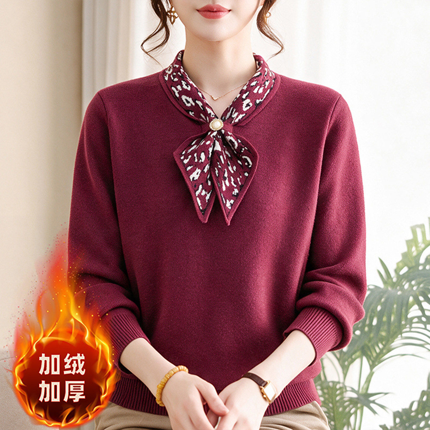2026新款时尚洋气妈妈冬季针织小衫中老年女装加绒毛衣打底上衣服