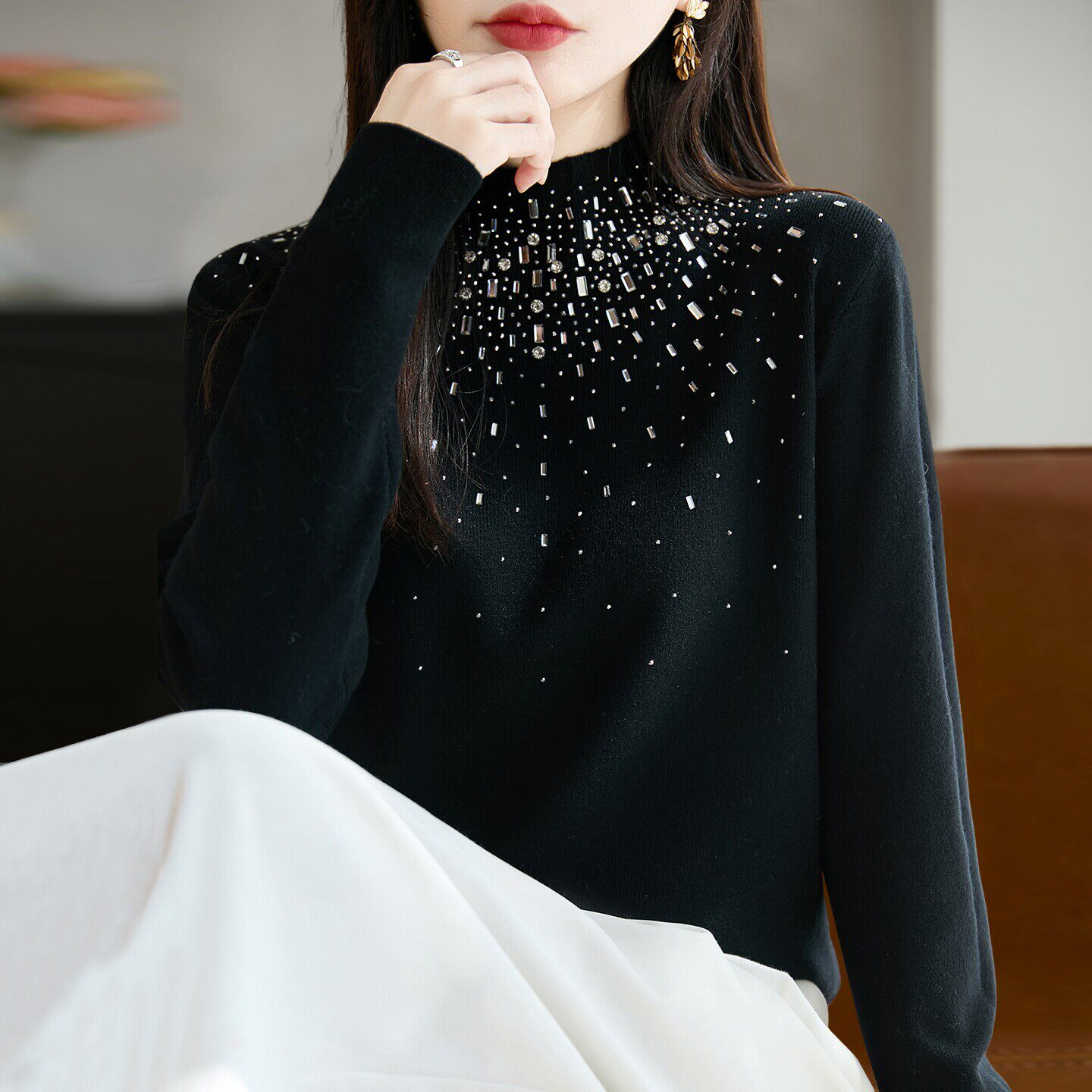 半高领重工烫钻针织打底衫女2026新款春秋大码女装上衣秋冬毛衣