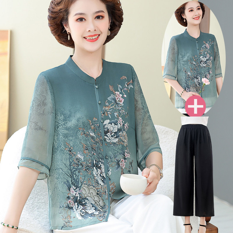 妈妈款洋气高贵真丝衬衣中袖大码中老年女装杭州桑蚕丝上衣套装夏