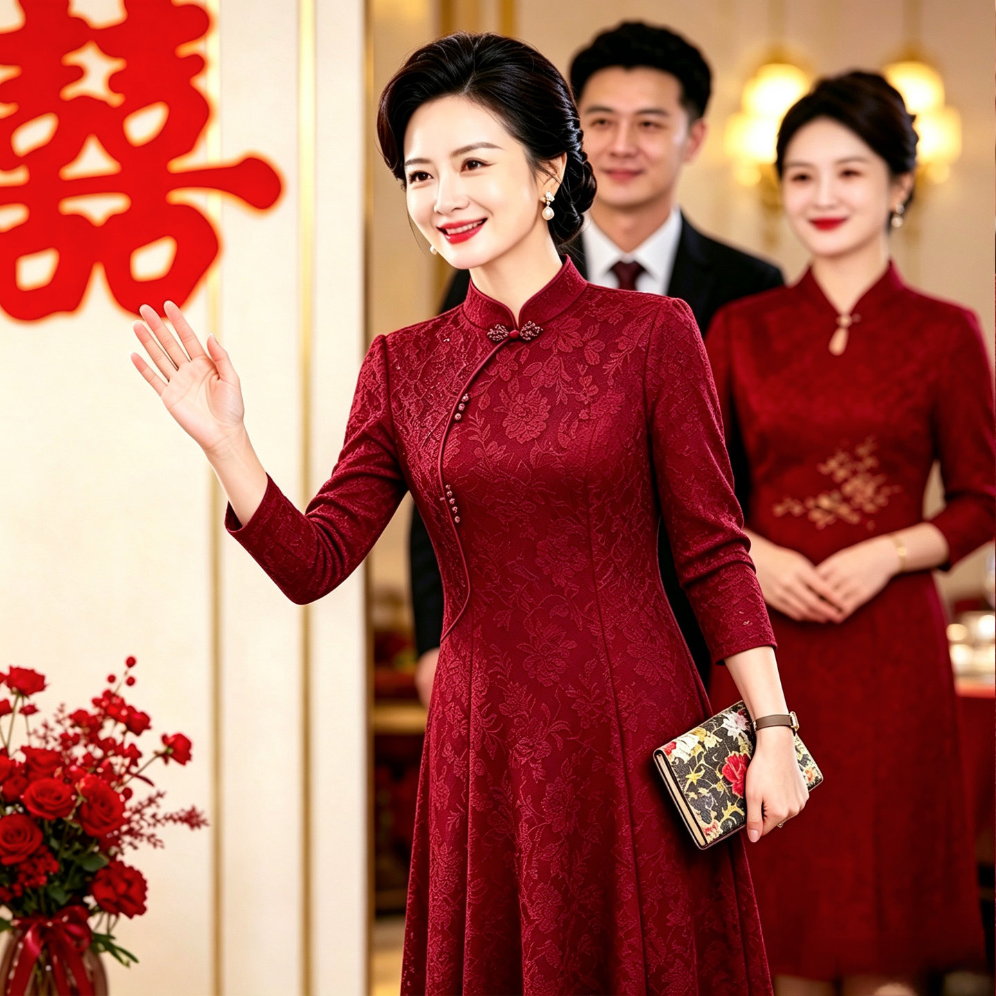 结婚礼服妈妈春秋新款连衣裙子高贵年轻喜婆婆婚宴装旗袍平时可穿