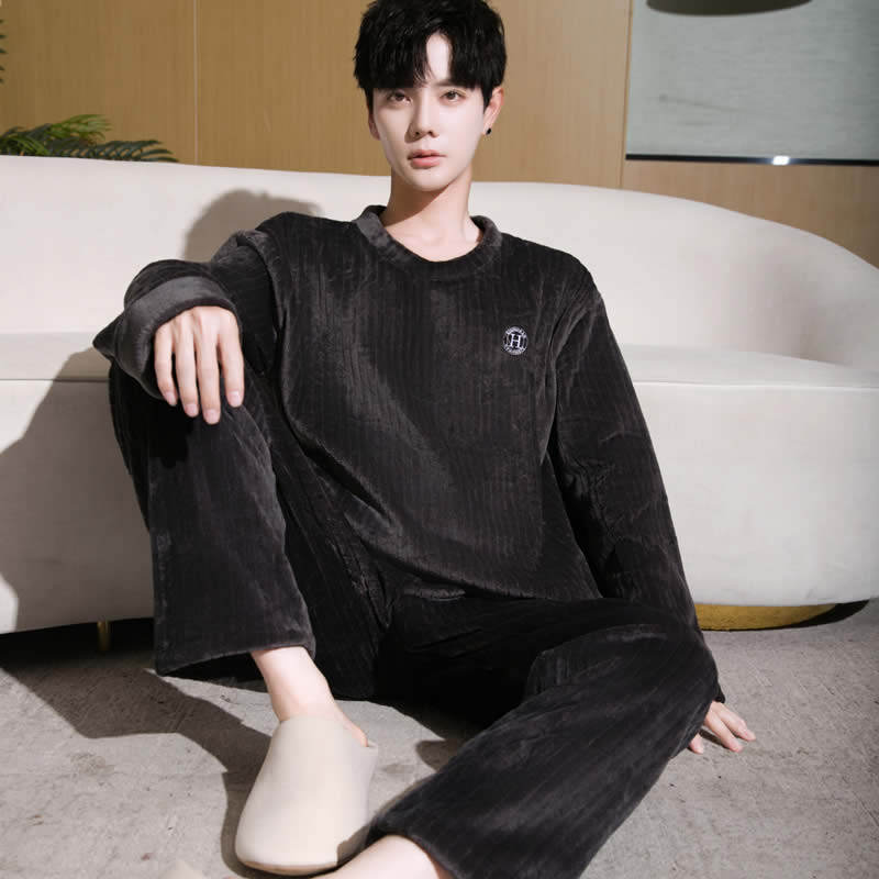 秋冬季新款男士珊瑚绒睡衣加厚加绒长袖保暖法兰绒家居服套装冬天