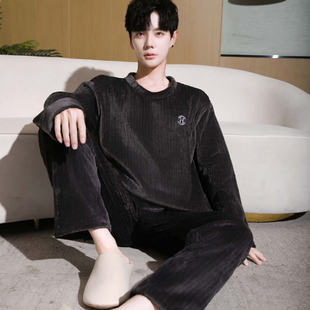 秋冬季新款男士珊瑚绒睡衣加厚加绒长袖保暖法兰绒家居服套装冬天