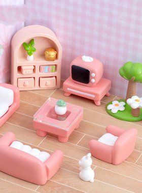 迷你微景观创意粉嫩小家具客厅沙发猫爬架电视茶机书柜树脂小摆件
