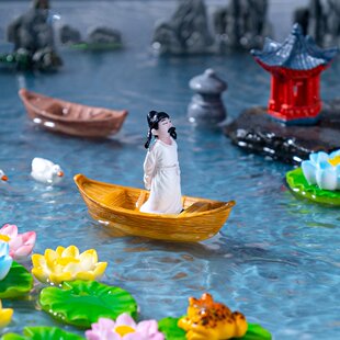 仿真可漂浮小船竹筏荷花荷叶 微景观鱼缸水族造景青蛙微缩小摆件