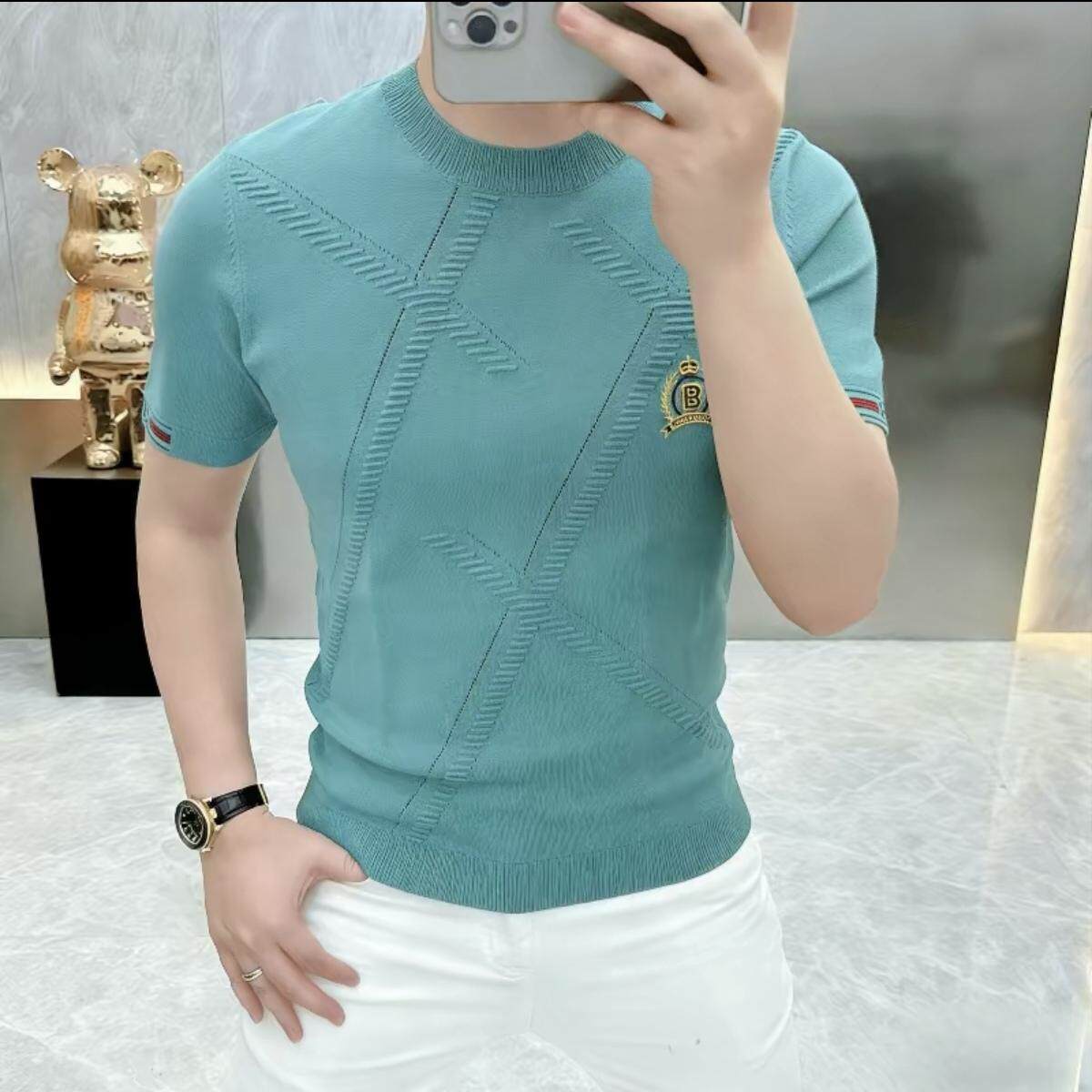 高档轻奢男士欧版时尚潮流冰麻冰丝伊力特针织圆领短袖t恤