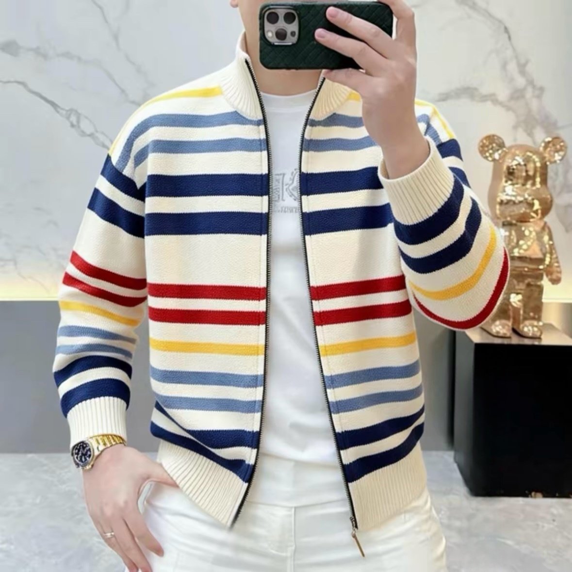 春秋季立领彩色条纹针织开衫男士新款潮牌美式高街毛衣外套高级感,男装,针织衫/毛衣,淘宝优惠券,粉丝福利购,淘宝优惠卷