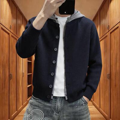 【轻奢时尚】秋冬季男士连帽百搭潮流休闲宽松帅气假两件针织2819