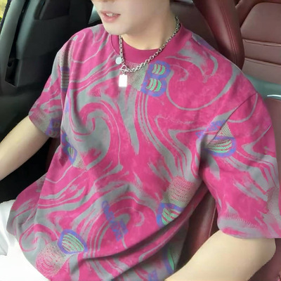 夏季高级感新款男士美式撞色印花字母短袖T恤百搭圆领上衣