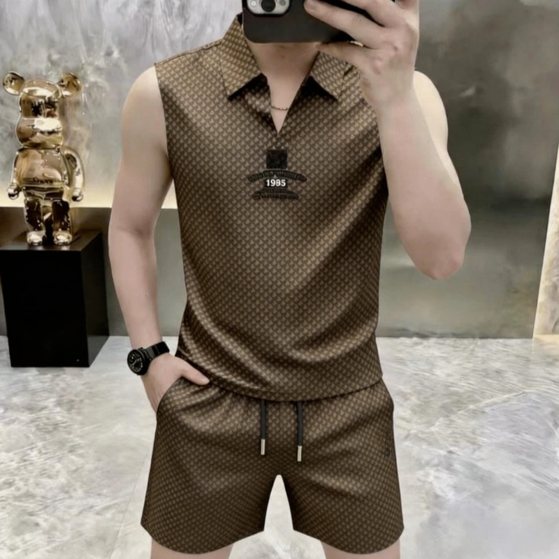 【轻奢时尚】夏季男士翻领无袖背心短裤套装休闲两件套男装 7298T