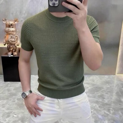 【时尚简约】秋冬圆领针织短袖毛衣男士半袖打底衫轻奢男装1117