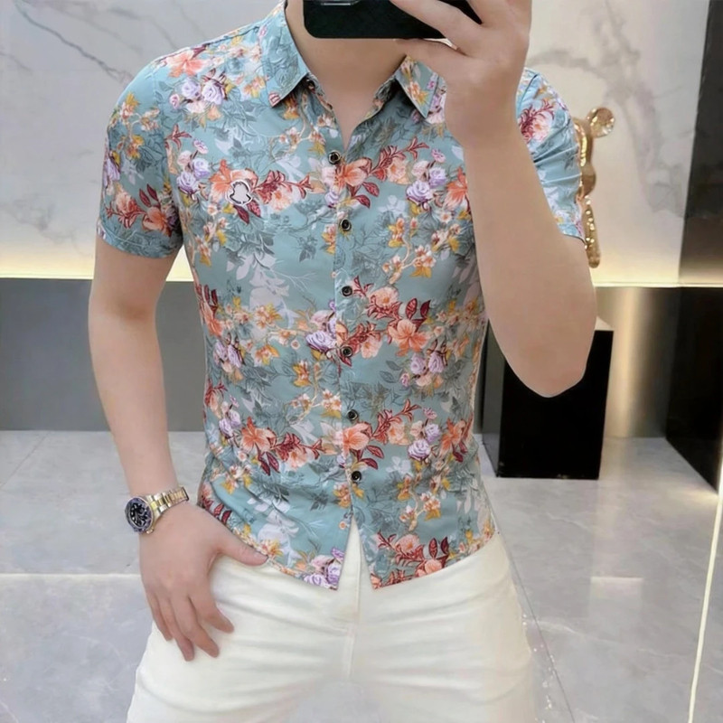6110新款男士潮流时尚夏季花色翻领百搭修身薄款透气弹力短袖衬衫