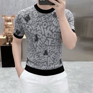 T恤男士 体恤男装 夏季 透气半袖 25188 时尚 高档圆领提花冰丝针织短袖