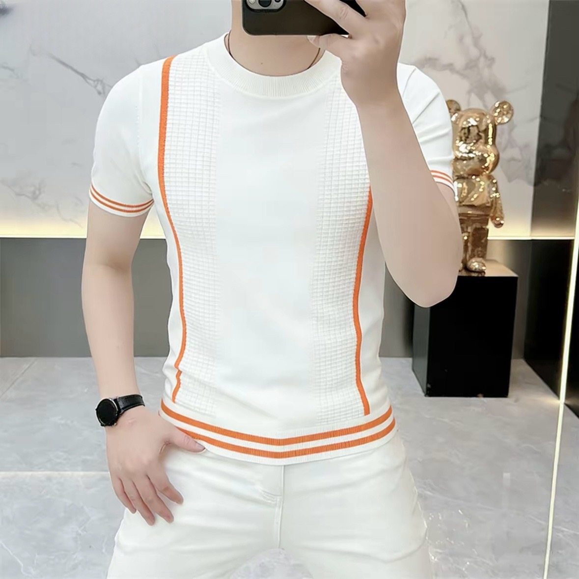 2026简欧早春针织短袖男印花T恤修身百搭半袖毛衣春装打底衫1167
