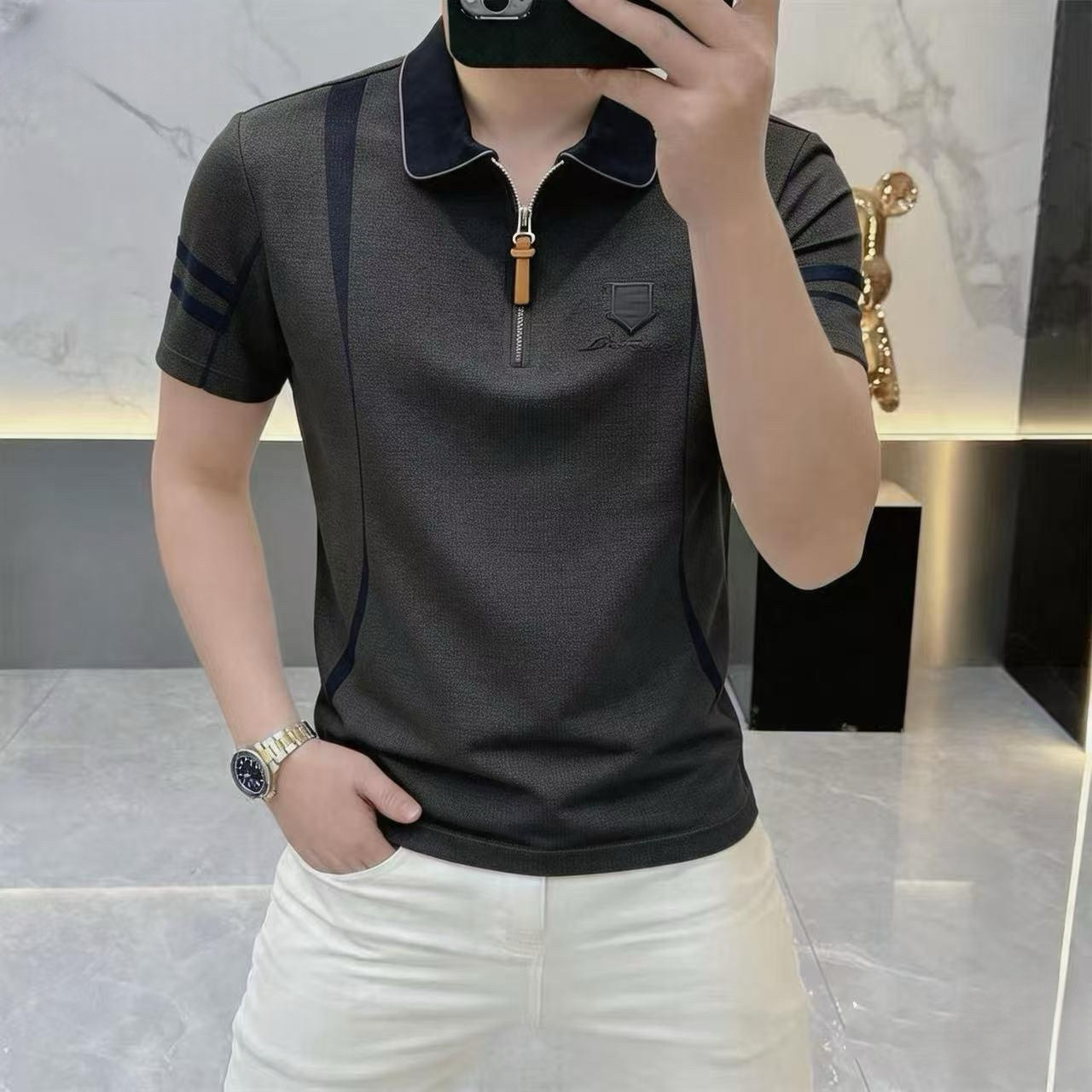 高档男士夏季爆款轻奢高品质个性条纹拼色翻领短袖POLO衫
