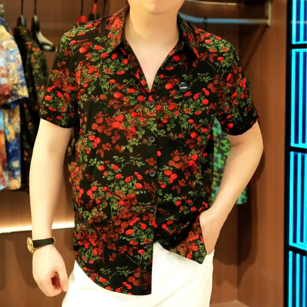 夏季碎花冰丝高级感男装短袖薄款衬衣痞帅休闲透气垂感宽松衬衫