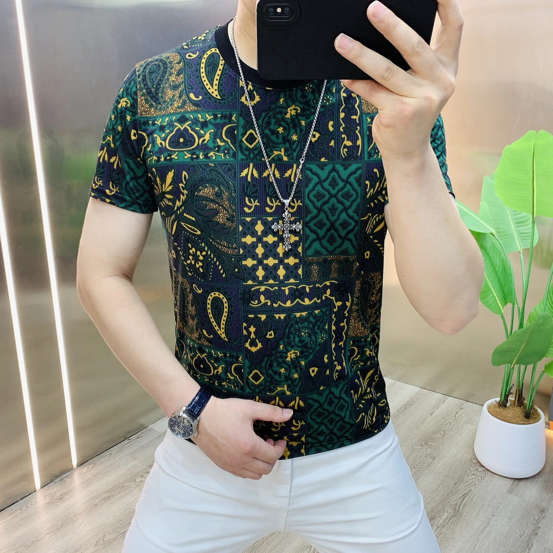 欧洲站夏季新款男士时尚圆领冰丝镂空修身个性轻奢短袖T恤