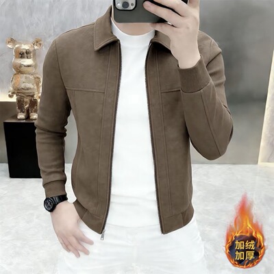 2026新款简欧秋冬加绒加厚夹克男士麂皮绒翻领修身保暖外套潮1121
