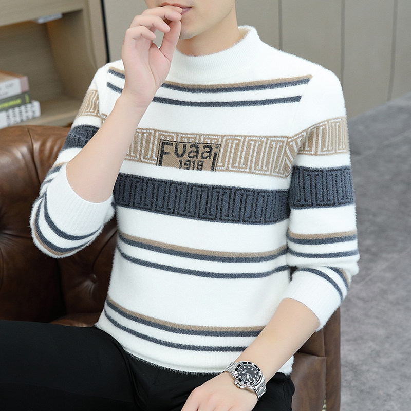 新款秋冬季男士毛衫半高领加绒加厚仿貂绒时尚保暖毛衣韩版条纹