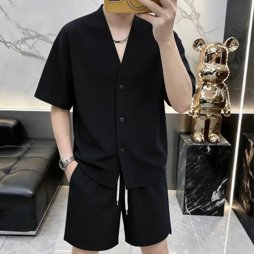 高档夏季新款男士潮流纯色V领短袖套装衬衫时尚纹理帅气男装Q7795