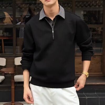 秋季新贵设计感拼接千鸟格男士假两件长袖POLO衫卫衣