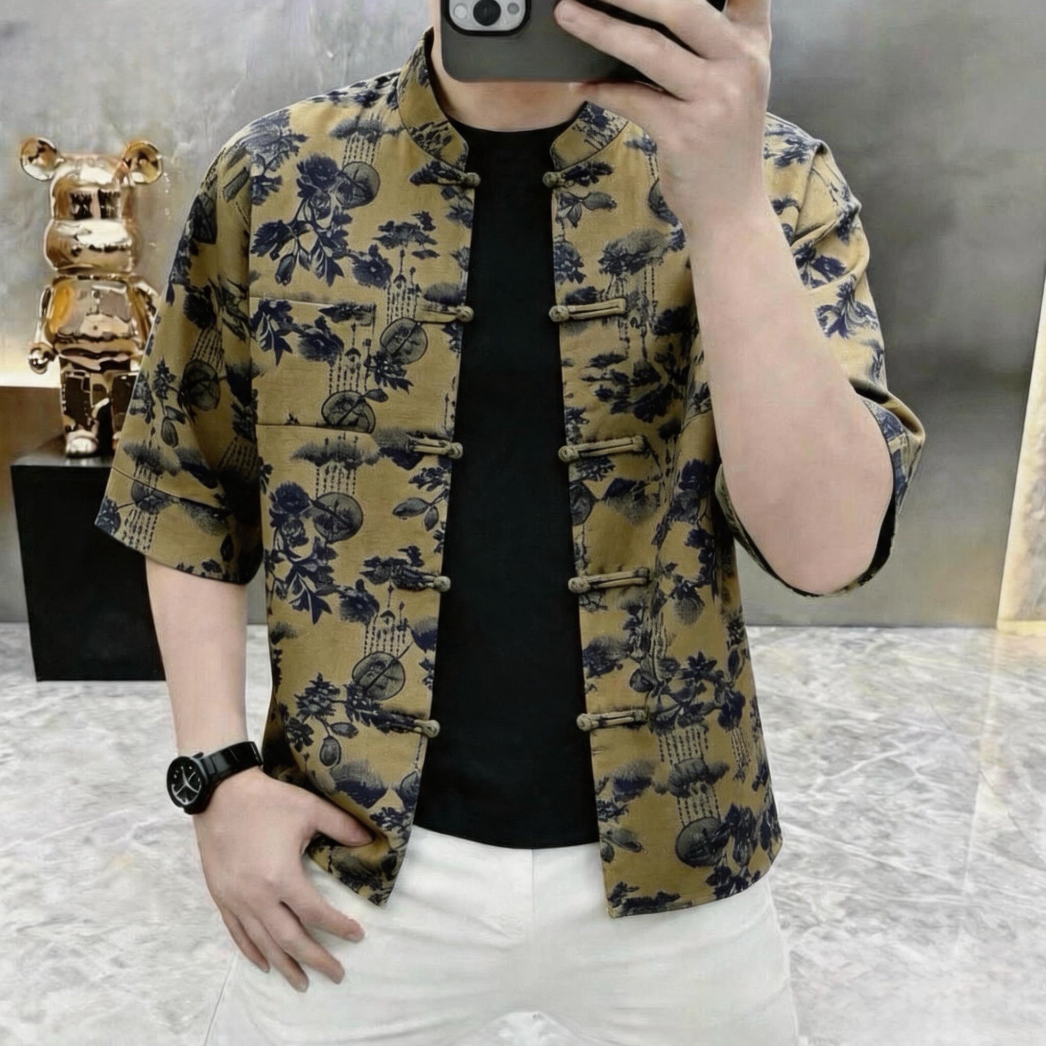 M夏季男士印花短袖盘扣复古中国风风雅休闲唐装衬衫薄款衬衣C32H