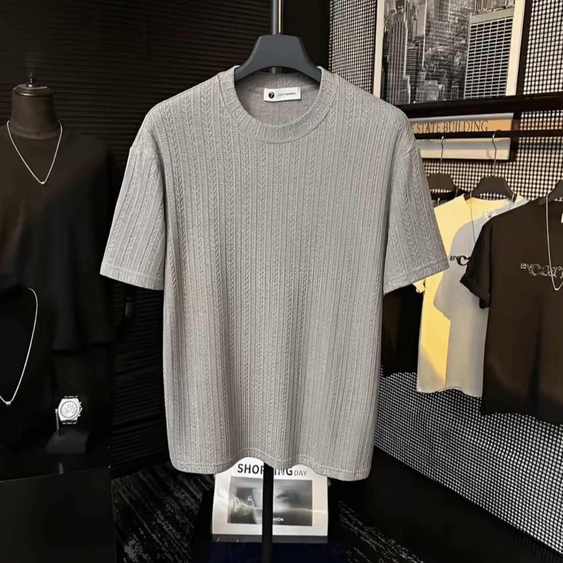 轻奢男士麦穗纹夏季冰丝短袖T恤宽松圆领针织半袖百搭打底衫6580
