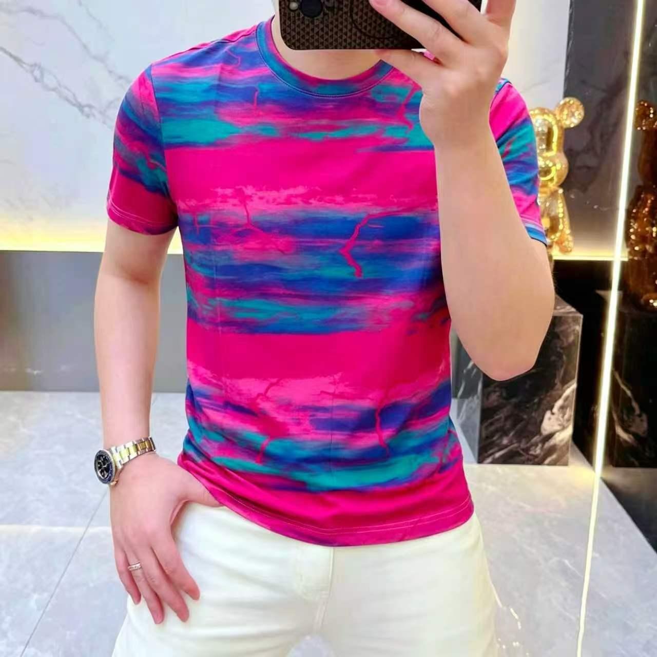 夏季男士T恤新款欧货彩虹条纹短袖T恤韩版显瘦减龄百搭半袖印花
