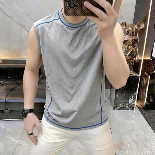高档夏季男士撞色明线圆领无袖背心时尚凉感透气运动健身T恤5783