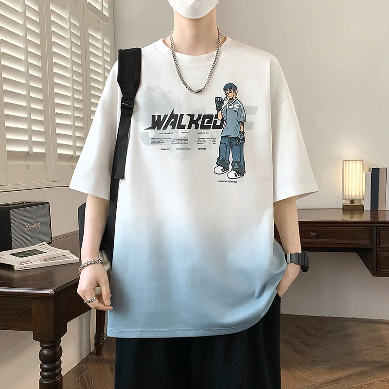 青少年夏季新款男士短袖T恤学院风百搭宽松休闲帅气学生印花半袖